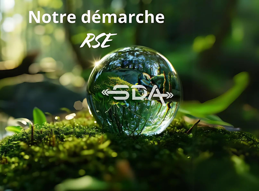 Logo de la société SDA dans une goutte d'eau, illustrant notre démarche environnementale